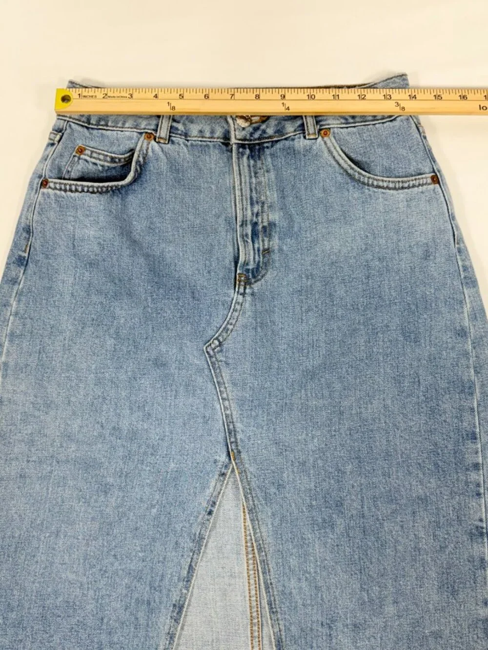 High Waist Topshop‎ Moto Light Wash Cotton Denim Midi Skirt Size 6